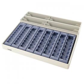 Geldzählkasse mit losen Münzreihen und Scheinfächern